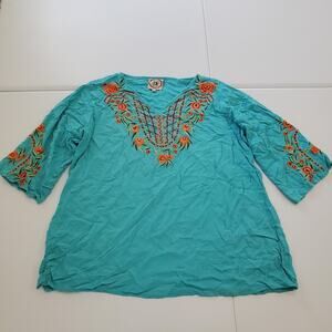 A&A Clothing Inc Shirt Womens 2XL Turquoise Embroidered Floral Boho Tunic Top